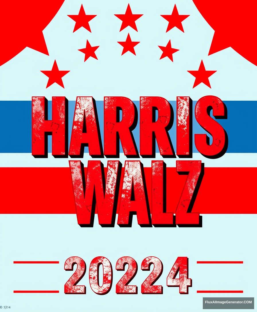 A striking and bold campaign poster featuring the names "HARRIS" and "WALZ" stacked together, with the year "2024" below them, suggesting a hypothetical presidential ticket. The design exudes patriotic energy with red stars above and below the text, and blue horizontal lines framing the names. The grunge font and style give it an edgy and modern feel, appealing to a younger and more diverse audience. The overall impression is of a powerful statement for change and representation in the world of politics.