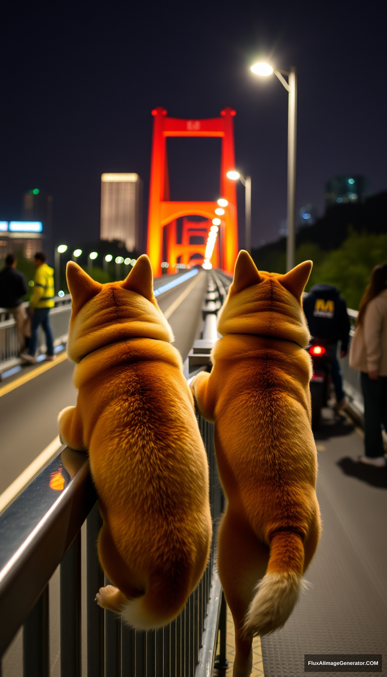 Two Shiba Inu dogs are enjoying the night view on a pedestrian bridge at night, leaning on the railing with their backs to the audience.