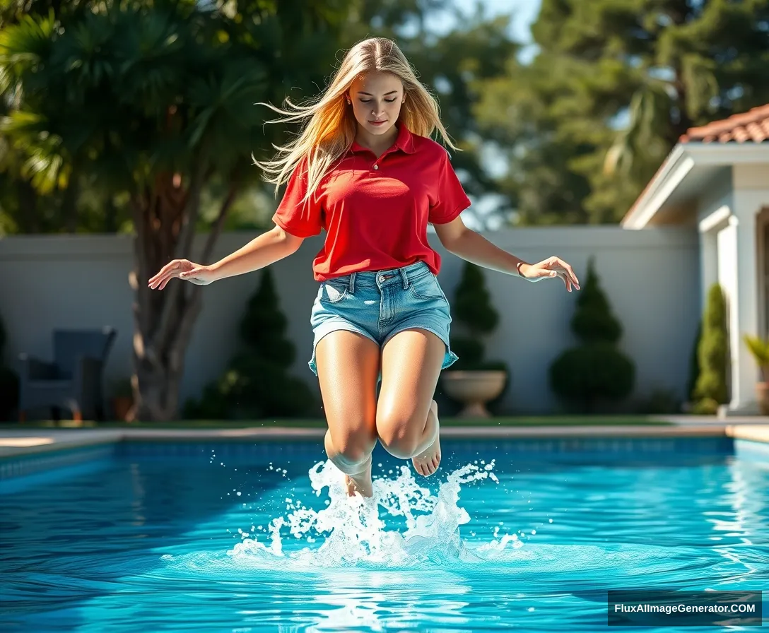 Front view of a young blonde skinny woman with a good tan, in her early twenties, in her massive backyard. She is wearing a massively oversized red polo t-shirt that is slightly off balance on one shoulder, and the bottom part of her t-shirt isn't tucked in, though it's not that long. She is also wearing M-sized light blue denim shorts and has no shoes or socks. She jumps into the pool with her arms at her sides, creating a big splash as her legs go underwater. - Image