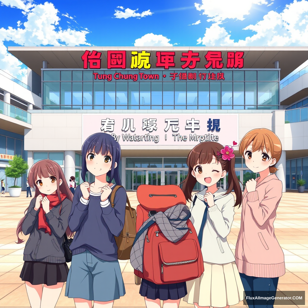 Anime illustration which depicts four teenage girls standing in an outdoor plaza, delightfully looking at the viewer and posing. Behind them is the building of a modern shopping mall with a colorful signboard that reads "Tung Chung Town Shopping Centre," indicating the name of the shopping mall. The weather is very good and comfortable, with a beautiful blue sky, white clouds, and sunlight.