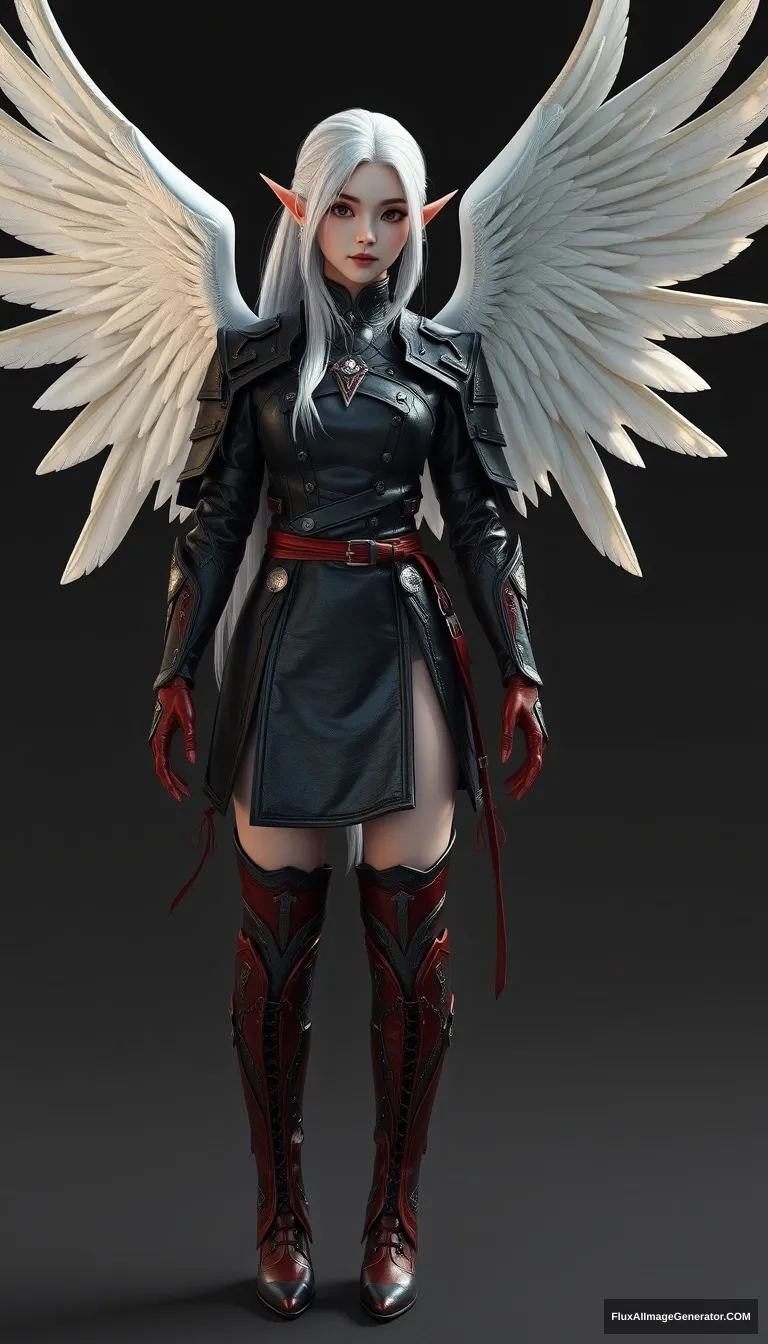 gorgeous and elegant girl elf warrior (Tang Wei), full body shot, platinum colored hair, black metallic military uniform, reddish military metallic boots, white angel wing, hyper-realistic photo, 8K, unreal engine. - Image