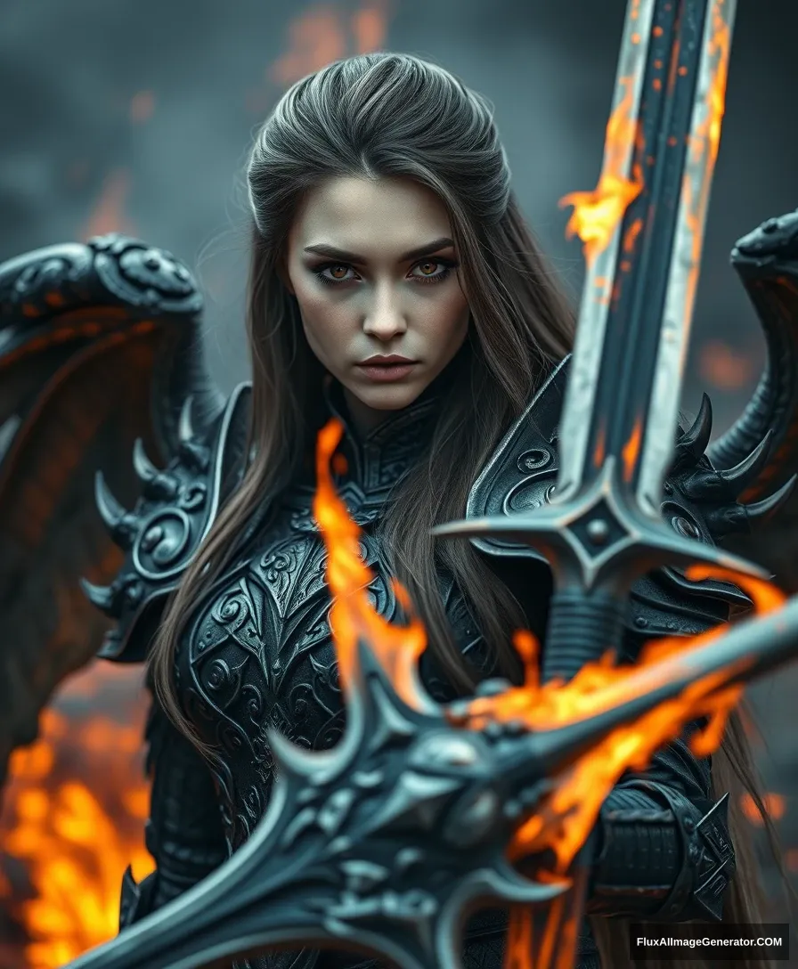 Realistic women with black scary armor, holding a fire sword, human face, long hair, perfectly detailed on dragon armors, super detailed face, high details on face, realistic face, character highly detailed, character sheets, detailed, sharp focus, super detailed full body, 32k resolution, only a reality graphic, epic background, epic pose, horror, high resolution, resonance, fire and ash background --niji --ar 9:16. - Image