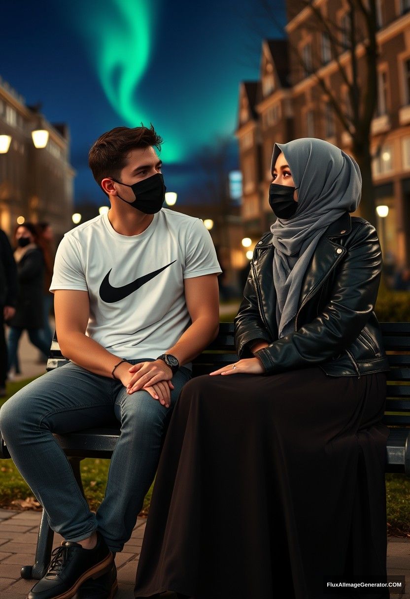 Jamie Dornan, tall and young, wearing a black face mask, a white Nike T-shirt, and jeans, is dating a romantic Muslim girl in a grey hijab with beautiful eyes, also wearing a black face mask and a leather jacket, and a very long and wide skirt. She is not tall. They are sitting together on a park bench, talking to each other in town, with strangers in the background. The scene is photorealistic, capturing street photography, selfies, and a night scenery with the aurora borealis. - Image