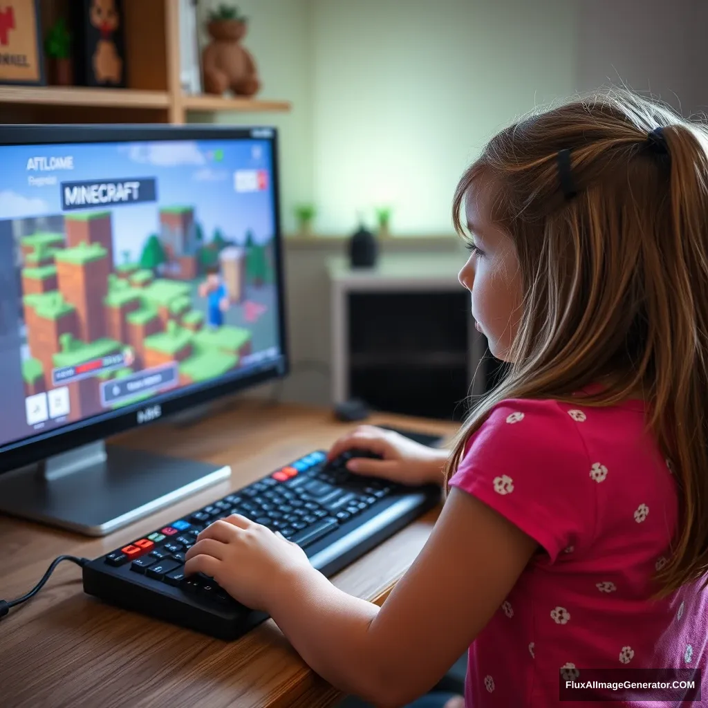 A little girl sitting in front of the computer playing Minecraft game.