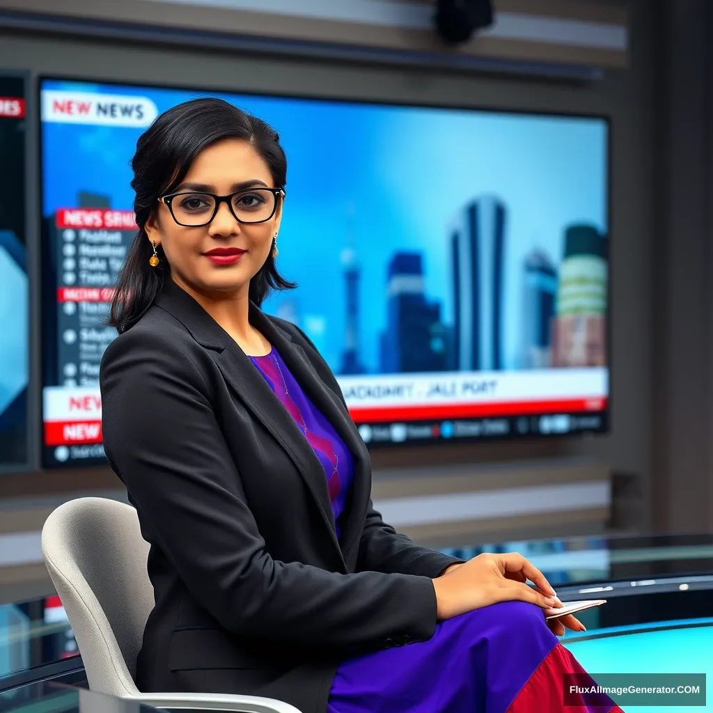 News Anchor Description Prompt:

Imagine a female Pakistani news anchor presenting live on a television broadcast.

Facial Features: The anchor has a warm, oval-shaped face with a medium complexion. She has expressive dark brown eyes that are accentuated by stylish eyesight glasses with a thin black or metallic frame. Her gaze is confident, and the glasses add an intellectual touch to her appearance.

Hair: She sports medium-length hair that is elegantly styled, potentially in soft waves or tied back in a neat bun. The hair is dark, contributing to a professional and polished look.

Attire: The anchor wears a tailored outfit, such as a fitted blazer over a vibrant shalwar kameez in a rich color, like royal blue or deep maroon. The ensemble is complemented by subtle accessories, such as delicate earrings, that enhance her overall appearance without being distracting.

Setting: Picture her seated at a modern news desk equipped with the latest technology. Behind her, a large digital screen displays current headlines and relevant graphics. The studio is well-lit, with soft lighting that highlights her features.

Body Language: The anchor maintains a confident posture, leaning slightly forward to engage her audience. She gestures calmly as she speaks, using her hands to emphasize important points while making consistent eye contact with the camera.

Overall Mood: Capture the seriousness with which she delivers the news, balanced with her approachable demeanor. Her presence instills confidence in viewers, conveying trust and professionalism as she navigates through significant events. - Image