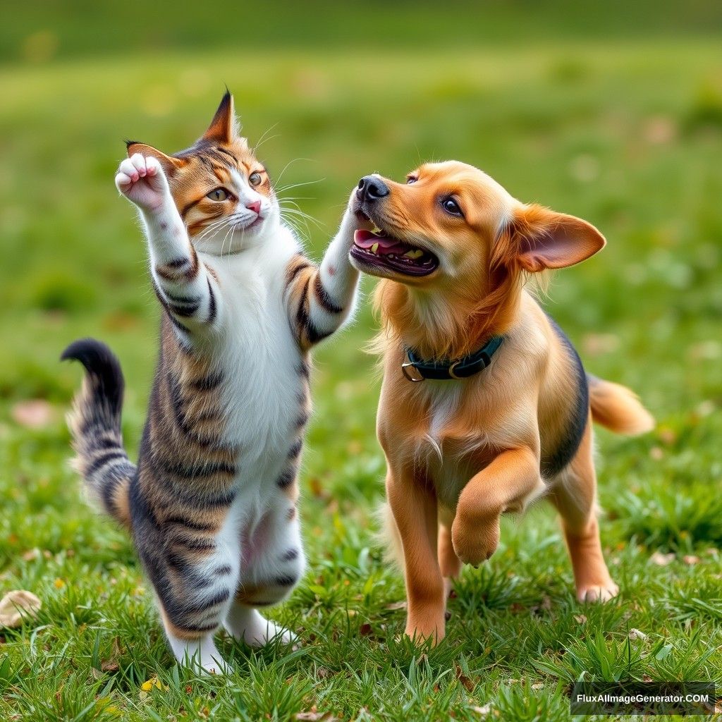 A cat dancing with a dog.