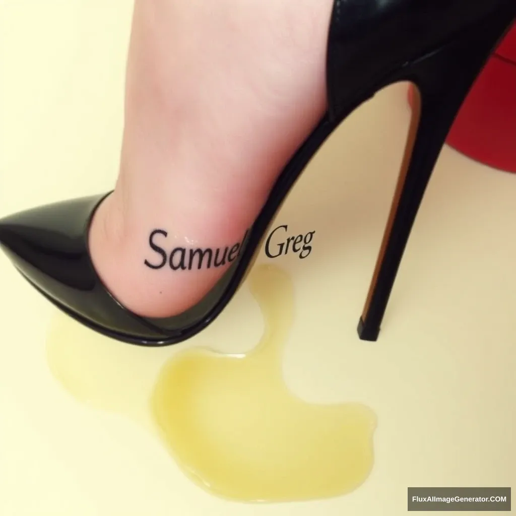 The name "Samuel Greg" on a woman's foot in a black high heel. There is oil all over the foot.