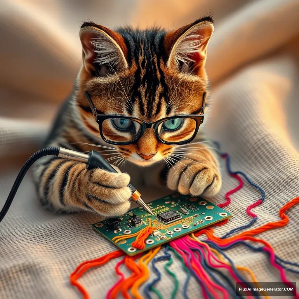 A mischievous tabby cat, wearing tiny spectacles, meticulously solders a circuit board with a miniature iron. Vibrant threads weave intricate patterns, mimicking electronic pathways. Soft fabric backdrop, warm lighting. Delicate French knots form components. Style: Hyper-realistic embroidery art, blending traditional craftsmanship with modern technology. - Image