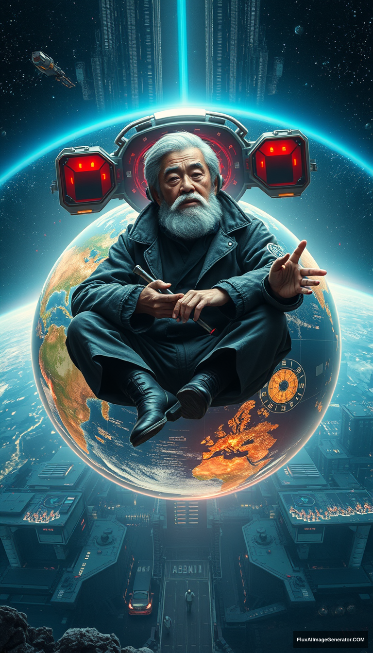 The setting is a cyber science fiction world in which an old Chinese engineer flies around the world while sitting on an earth. - Image