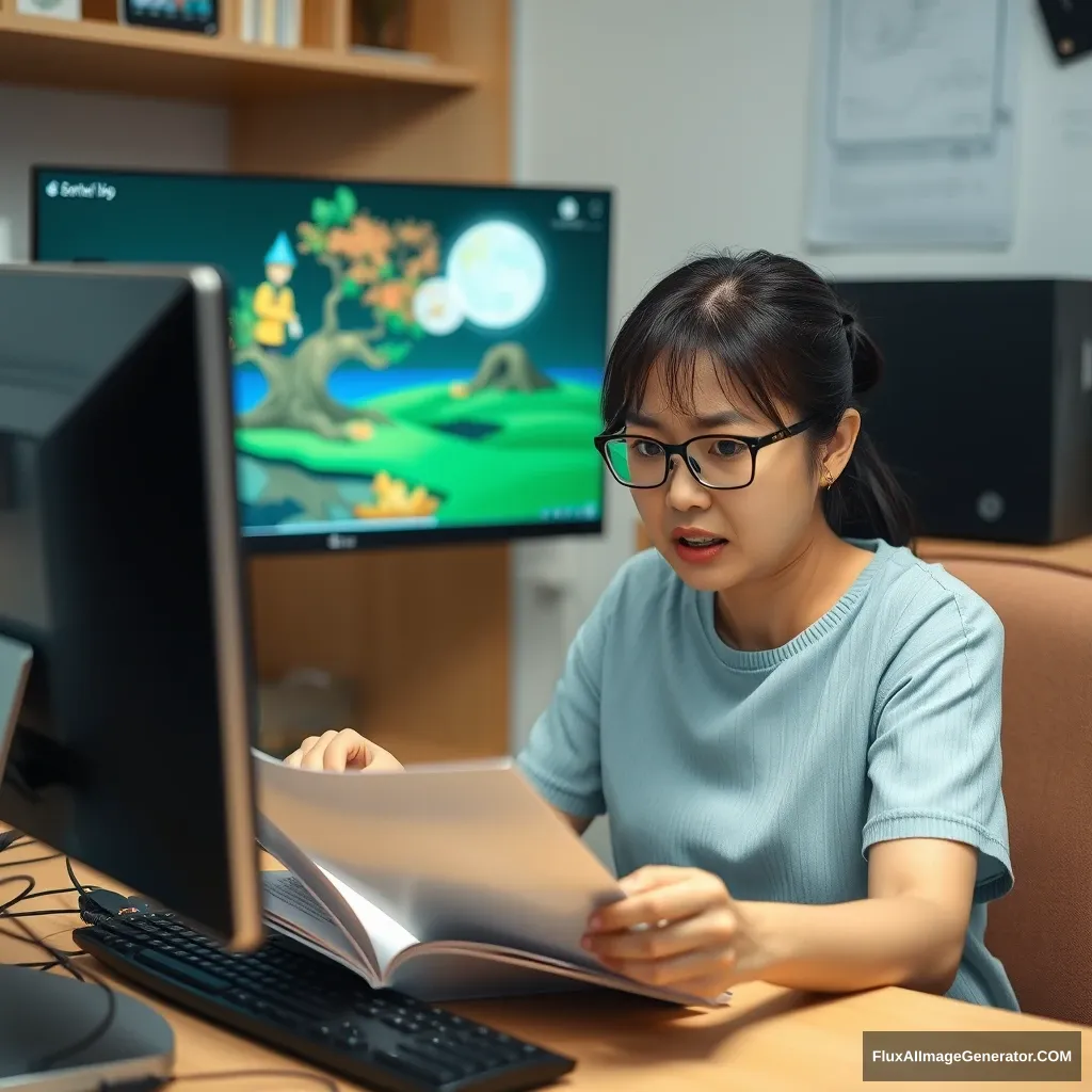 A Korean female teacher struggling to create a picture book using generative AI in front of her computer. She has a very angry expression because things aren't going as she hoped. Make sure both the monitor and the person's face are visible at the same time!