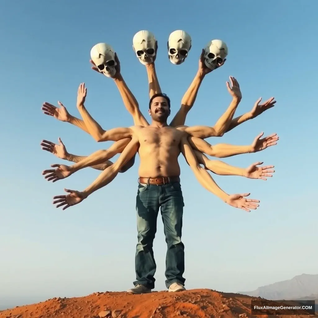 "A man with 100 hands, 100 feet, and 7 heads."