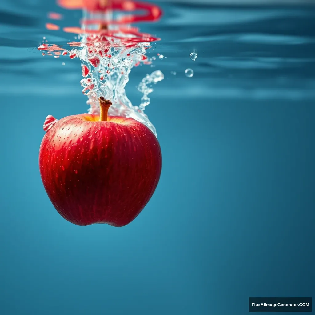 A red apple, falling into the water, realistic, photography, food, still picture, HD.