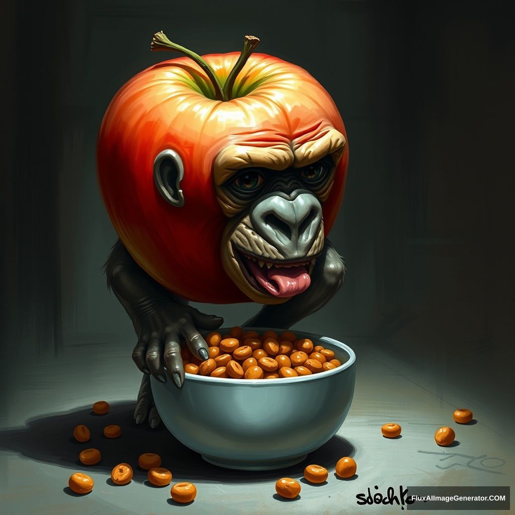 an apple with the face of a gorilla and crouching legs is perched over a bowl of dog food and licking it out with its tongue inside of a dark basement, digital painting - Image