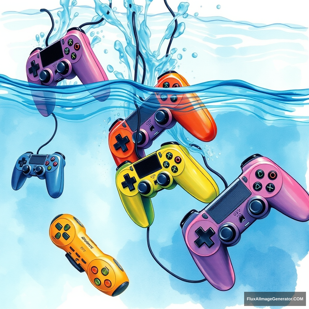 watercolor art piece, multiple colorful game controllers cascading into crystal-clear water, visually depicting the sensation of drowning, expressive ripples and splashes, dynamic movement, subtle blending of hues, illustration, neon sign.