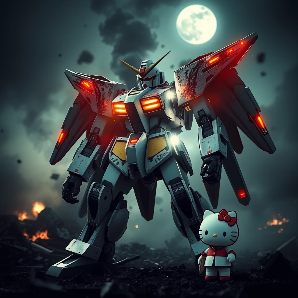 A highly realistic Gundam Wing mech standing in a dystopian battlefield, realistic reflections, heavy battle damage on the Gundam, smoke rising from the Gundam, smoldering ruins, 8k resolution, cinematic, dynamic heroic cinematic camera angle, atmospheric lighting, dark and gritty, moonlight, realistic surfaces, sharpened image, bokeh, depth of field, female Hello Kitty pilot by the Gundam's foot. - Image