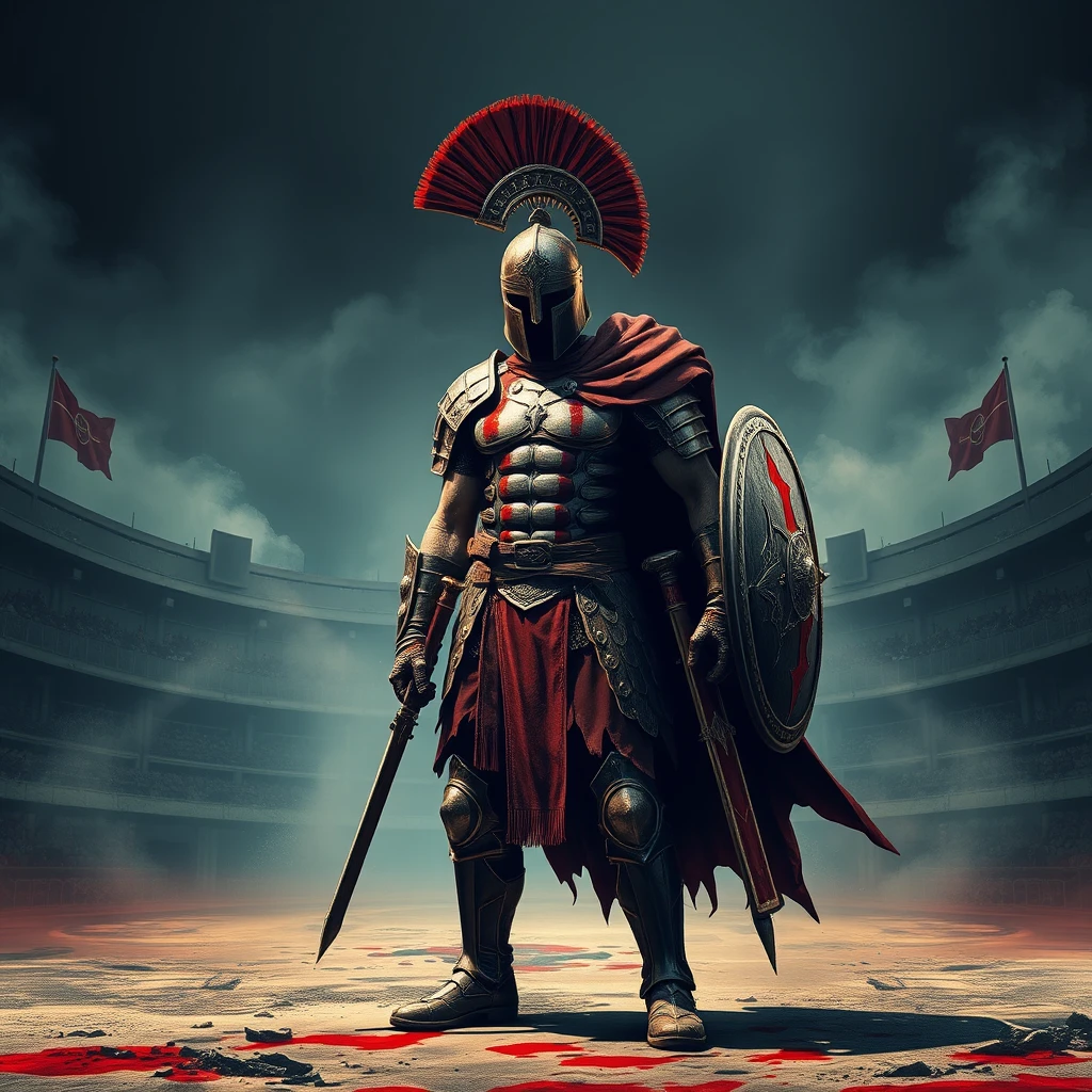 Modern wall art style of a bloodied warrior standing in an arena.