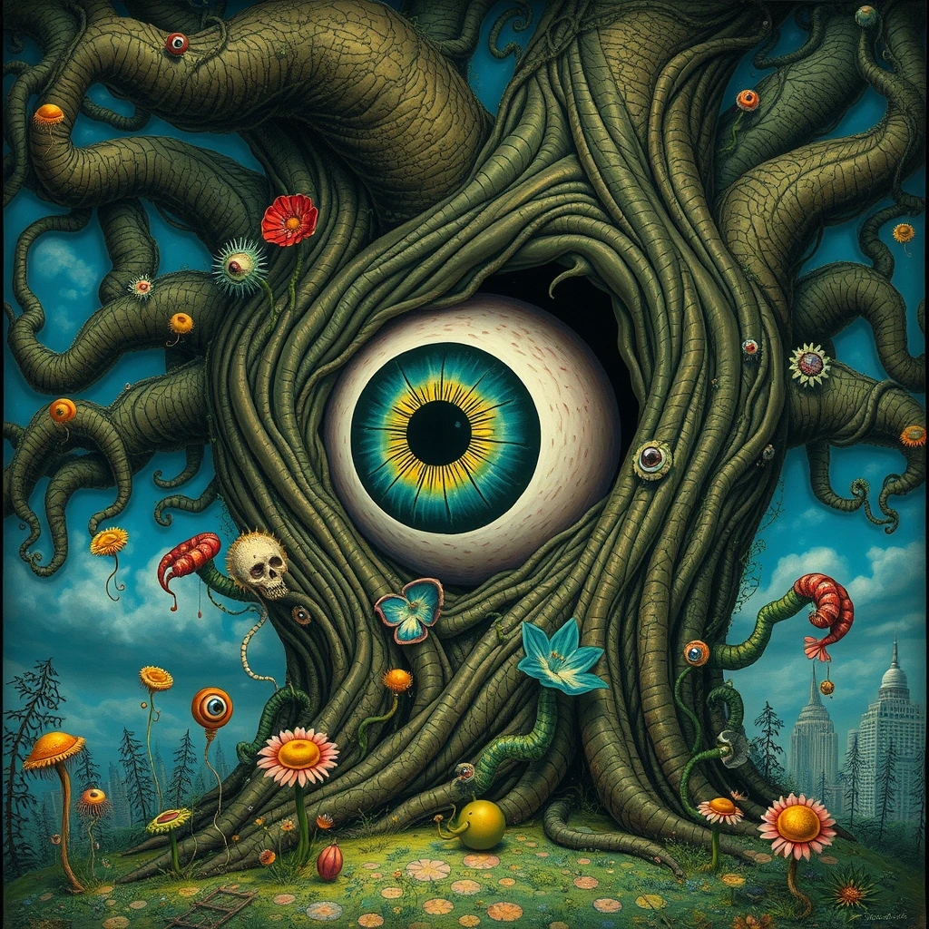 A huge eyeball growing in a giant tree, surrealism, weird plants, whimsical, fantasy, colourful, dreamlike, whimsical, gothic, Jacek Yerka, Salvador Dali, H.R. Giger, Hieronymus Bosch, Moebius. - Image