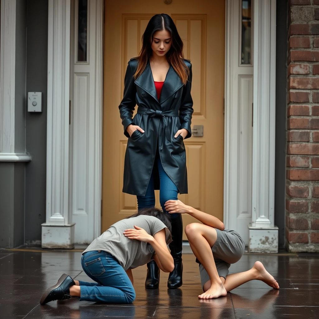 A confident, young brunette in tight blue jeans, a long black leather trench coat, and leather knee-high boots with a short heel is arriving at her apartment building in rainy weather. A young man dressed in a plain t-shirt and shorts is kneeling on the ground in front of her, with his forehead pressed on the ground directly in front of her boots. DSLR photo.