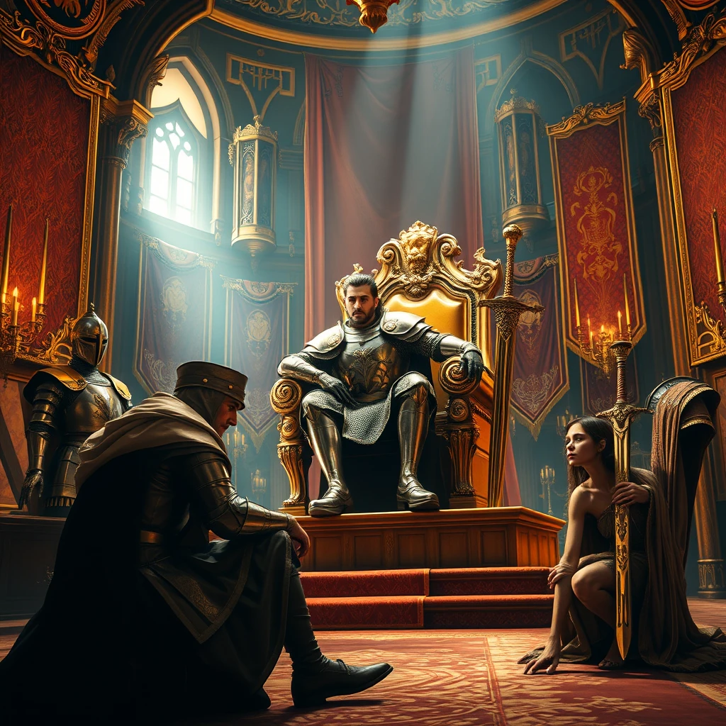 [Scene] A dramatically lit, richly detailed photograph depicting the opulent interior of a medieval European palace. Gleaming suits of armor, intricate tapestries, and banners adorn the hall, culminating in a majestic golden throne positioned on a raised dais.  
[Characters] A handsome, powerfully built usurper in meticulously crafted plate armor, his face bearing the scars of battle yet retaining a rugged handsomeness. He exudes an air of dominance and ruthlessness. The deposed king, a frail, broken figure clad in tattered remnants of his once-regal robes, his face etched with despair.  
[Pose of Characters] The usurper sits sprawled upon the golden throne, one leg casually draped over the armrest, his hand resting upon the pommel of a large, ornate sword. His posture is arrogant and commanding, his head held high with a cold, triumphant gaze. The deposed king kneels abjectly at the foot of the throne, his head bowed low as he presses his lips against the usurper's armored boot in a gesture of forced submission. - Image