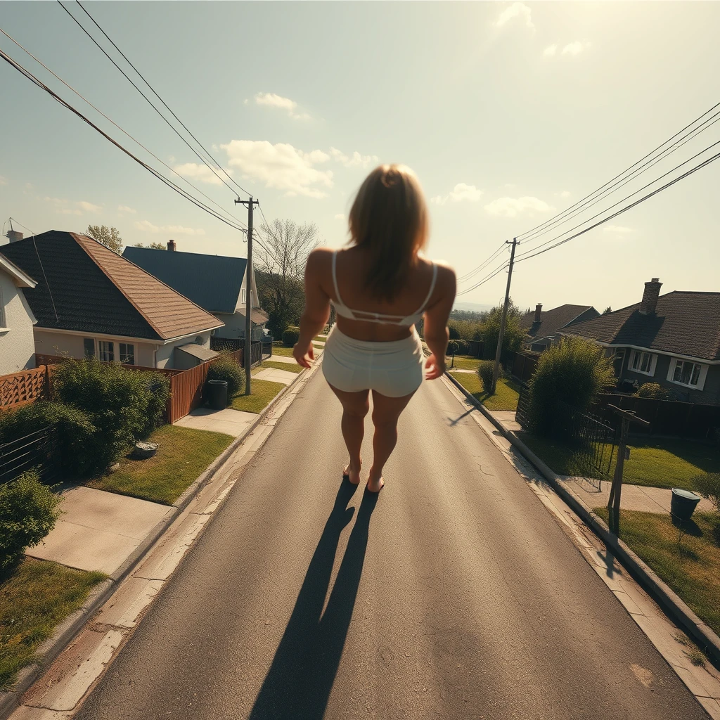 view from above, 50 meter tall giant woman standing in neighborhood street barefoot, realistic shadow