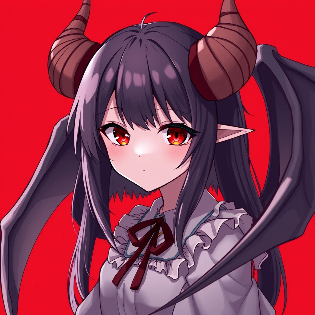 anime girl with red eyes, red background, 1 girl, dark, horns - Image