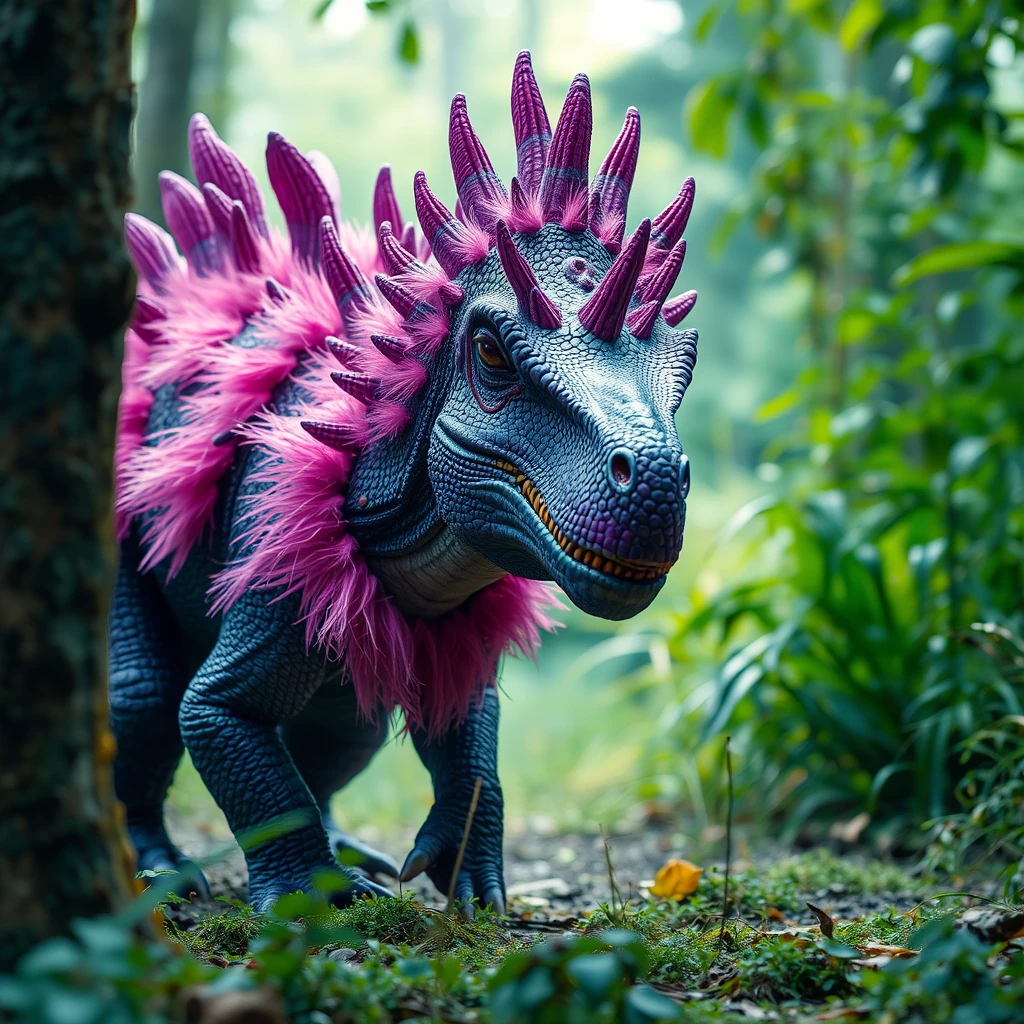 A hyper-realistic purple spiked dinosaur covered in a frill of pink feathers is roaming a lush forest and is about to step on the camera.