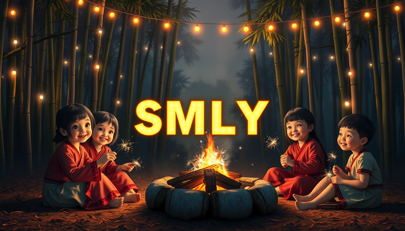 A digital painting of a group of Vietnamese children in traditional clothing sitting around a campfire at night. The children are holding sparklers and smiling. The background is a bamboo forest with lights hanging from the trees. The letters "SMLYT" are prominently displayed and illuminated in the center, like a movie screen.