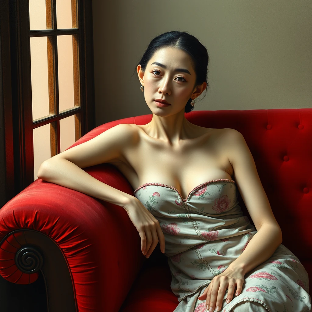 A chinese pale and gaunt lady sit on a red sofa, realistic style - Image