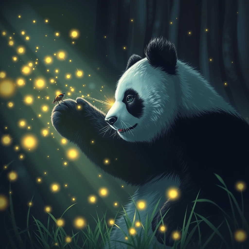 Realistic style: Fireflies at night are blinding a giant panda.