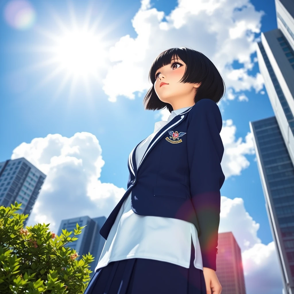 A Japanese high school girl with short black bob hair, wearing a traditional Japanese school uniform consisting of a white blouse, a navy blue skirt, and a navy blue blazer with a school emblem. She is standing outdoors under a bright blue sky with large, fluffy white clouds. The background includes a cityscape with modern high-rise buildings. The composition captures her from a low angle, emphasizing the vast sky and clouds behind her. The sun is visible in the upper left corner, creating a strong lens flare effect. The girl is looking up and slightly to the side with a serene expression. She is not holding anything above her head. The lighting is bright and creates high contrast, typical of a sunny summer day. Some green foliage is visible in the foreground, likely from trees or bushes. The overall scene has a crisp, clean aesthetic with vivid colors, capturing the essence of a bright, clear day in an urban environment. - Image