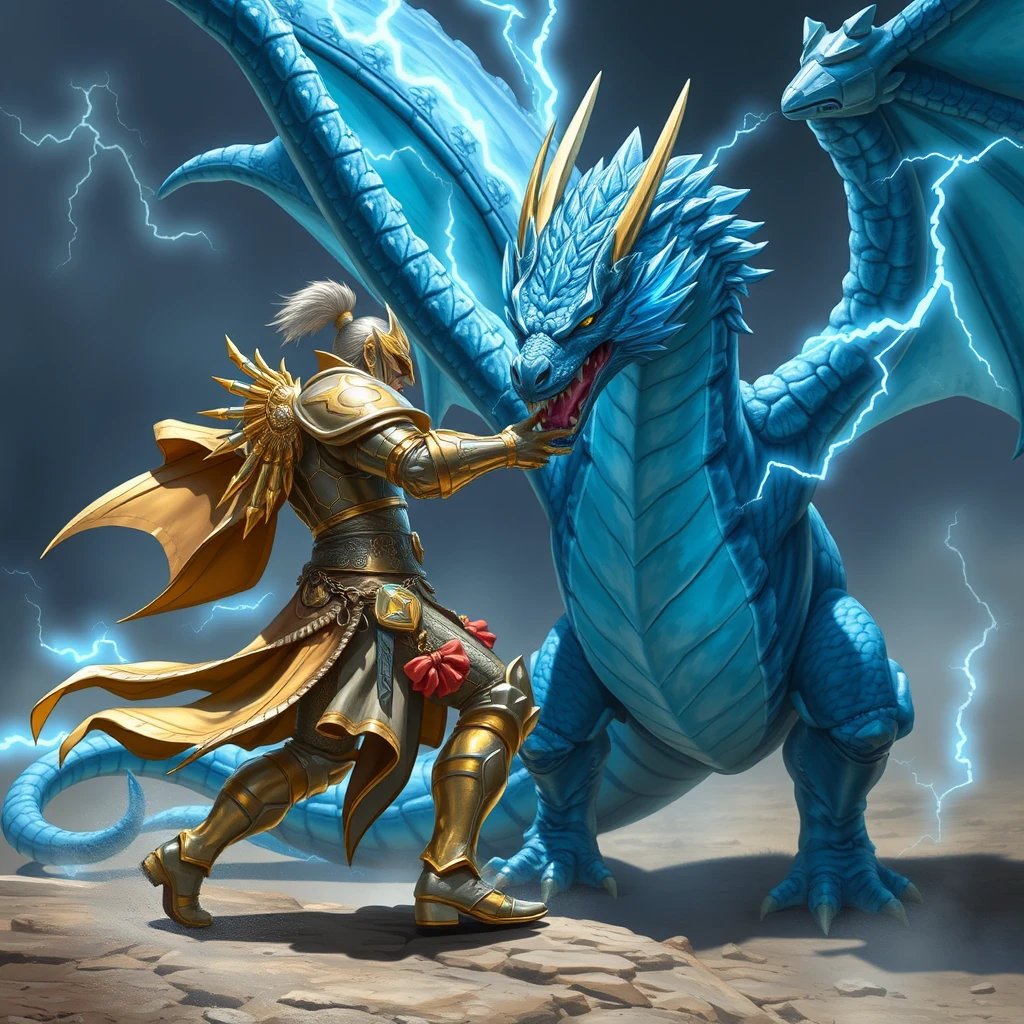 Gold and silver paladin devoted to Bahamut fighting a blue dragon with lightning scars across the dragon's body.