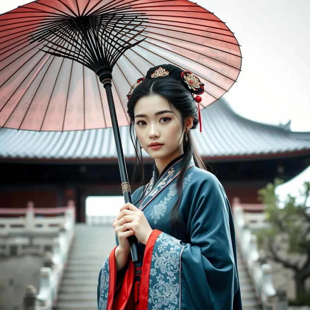 An ancient Chinese beauty wearing Hanfu holds an umbrella, with a temple in the background.