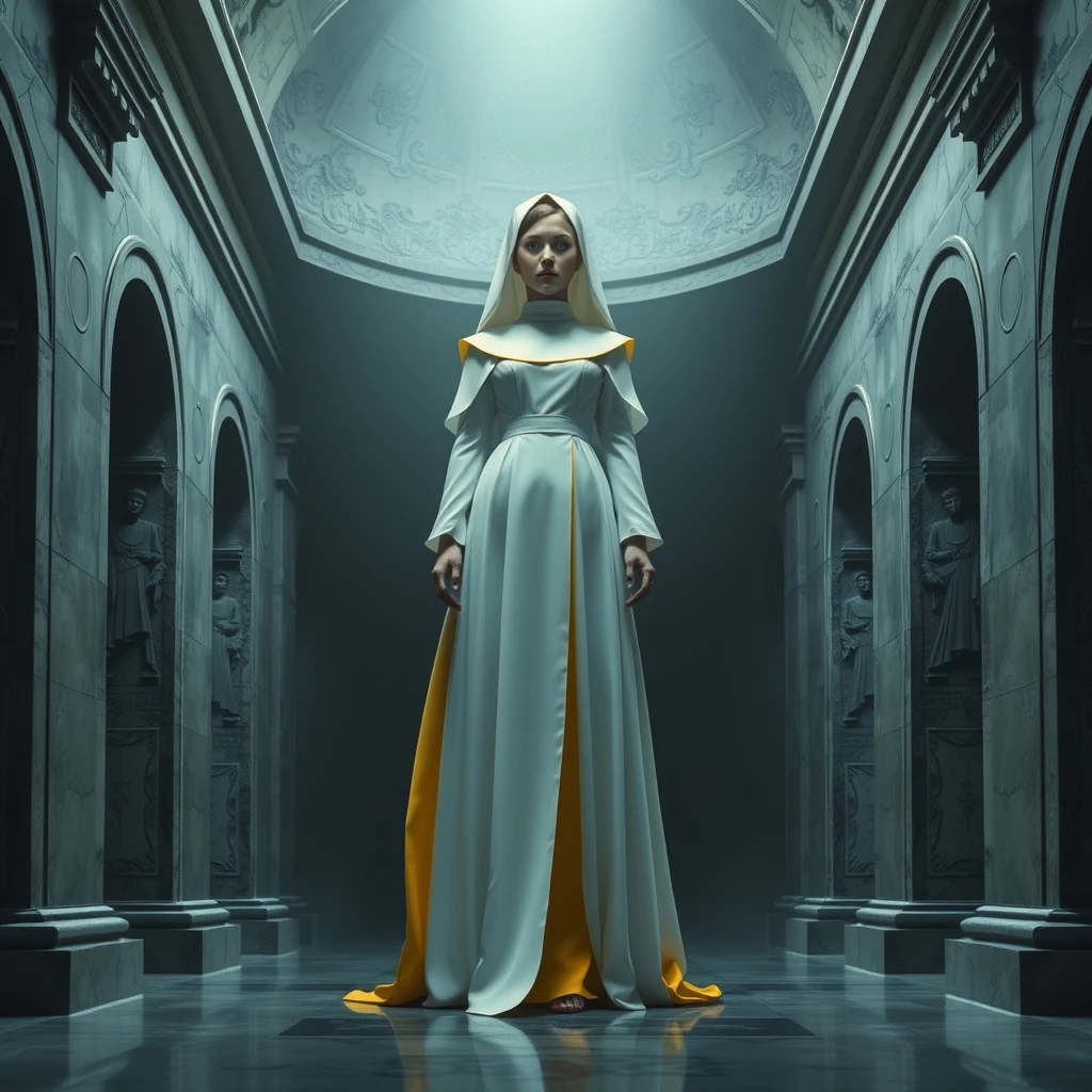 A female figure stood there in a mausoleum tall in white and yellow nunlike dress tall and commanding presence with a dark air behind her. - Image