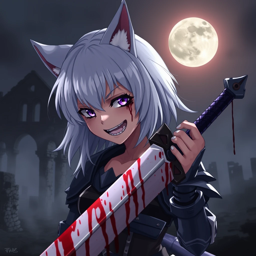 Anime girl with fangs and medium white hair, wolf ears, and a tail, with purple eyes and an evil grin, and blood on her face, holding a sword in her right hand. The sword is covered in blood. The girl is wearing armor. Old ruins can be seen in the background; it is dark and foggy. In the sky is a full moon. Dramatic, dynamic, cinematic. - Image