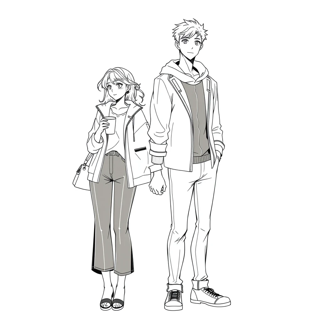 Anime lineart, young woman in fashion standing with a tall handsome boy, she is leaning on the boy, simple background, cup, handbag, hand in hand, daily life.