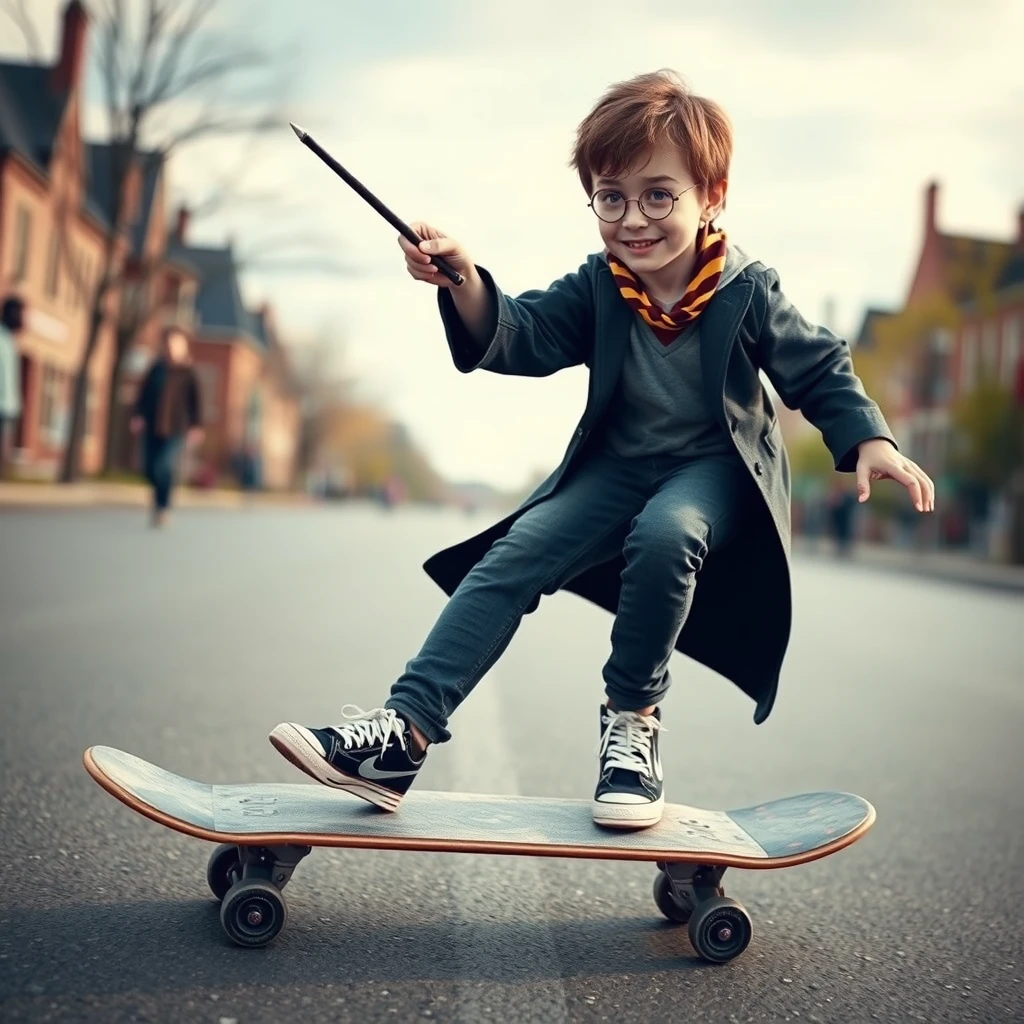 Photorealistic: Harry Potter on the skateboard.