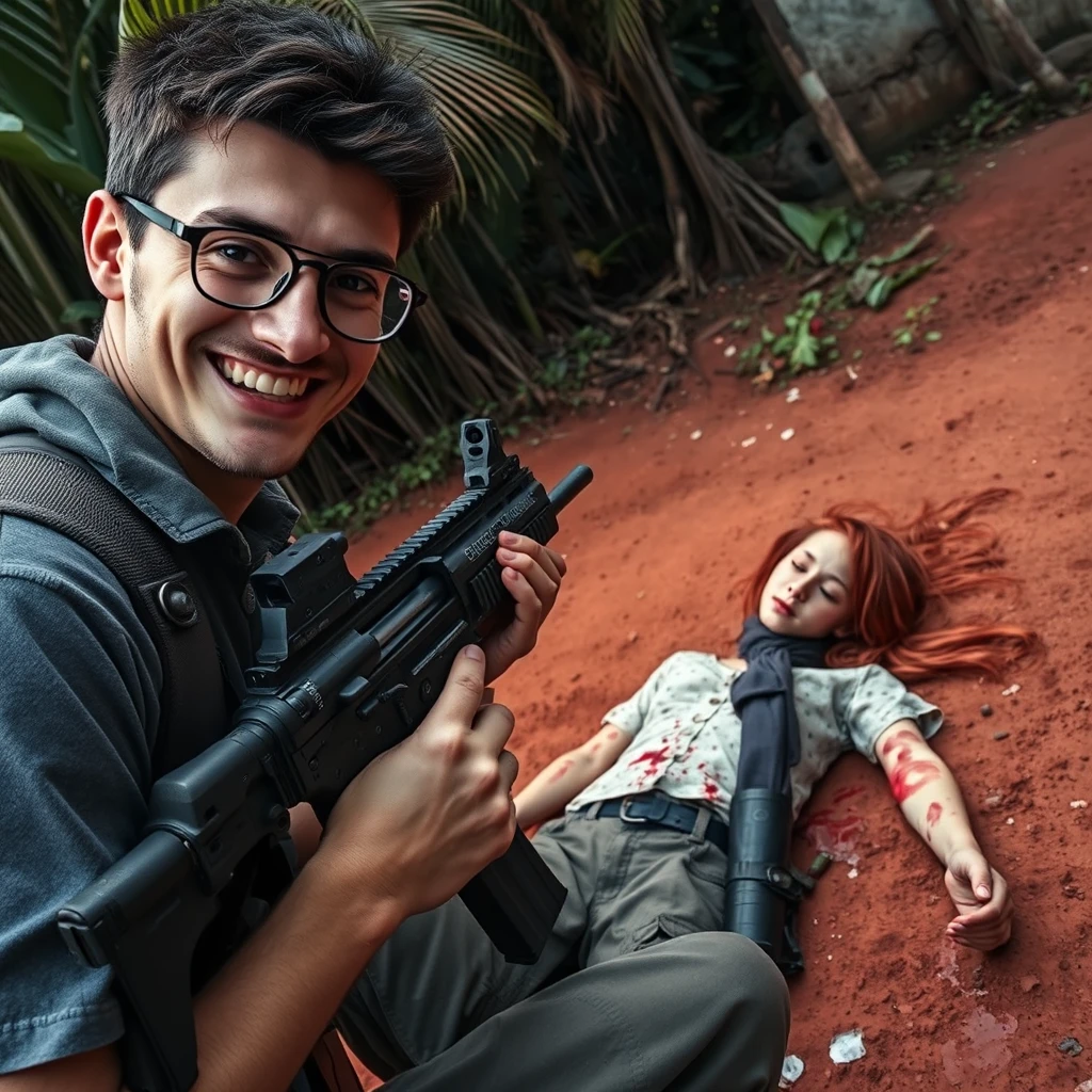 Smiling 20-year-old Italian man with round glasses, reloading an assault rifle while looking at the camera; young thin redhead girl slumped on the ground in the background, full of bullet holes and bleeding, in a red dirt muddy street, surrounded by tropical vegetation. - Image