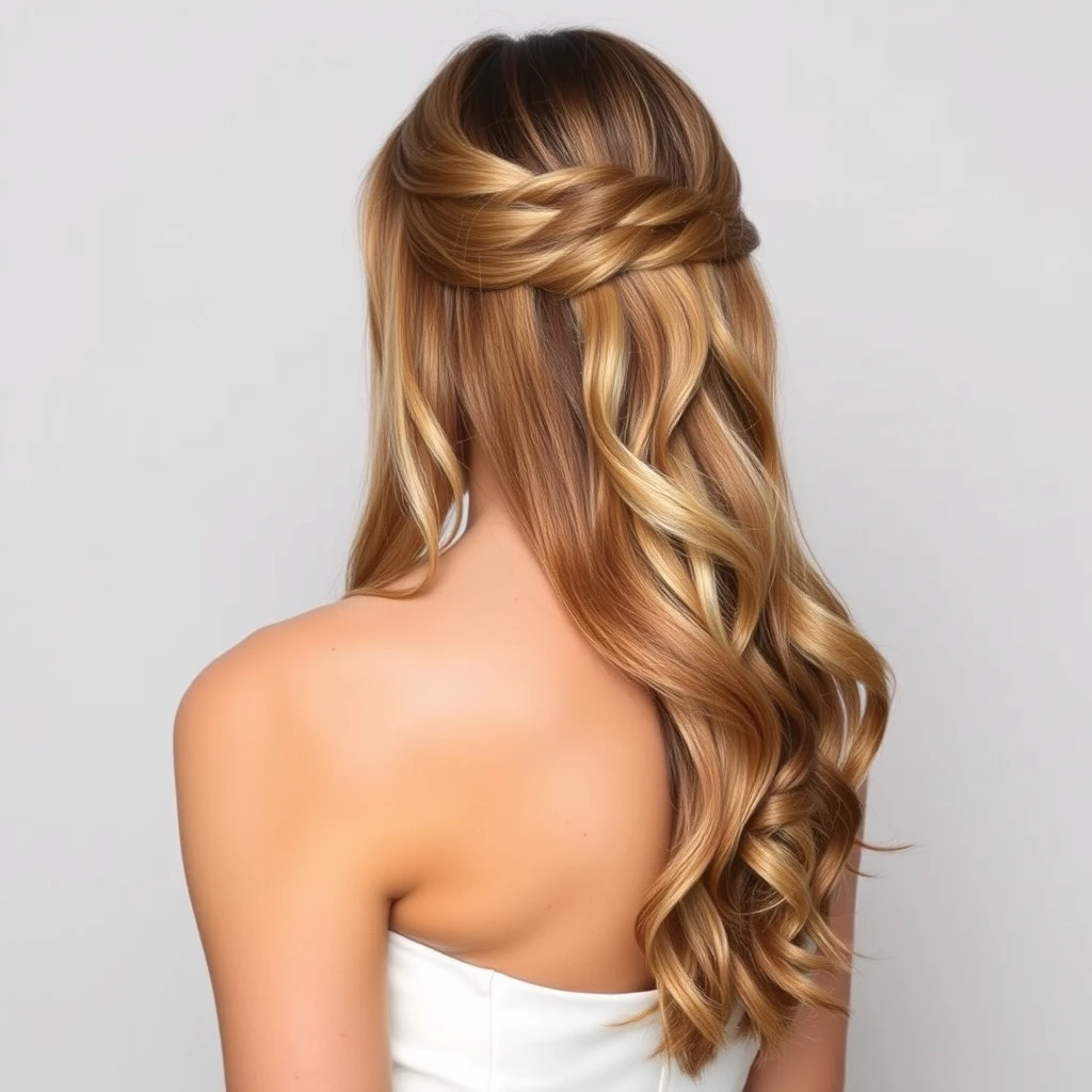 The image features a woman with her hair styled in loose waves, wearing a strapless white dress against a neutral background.