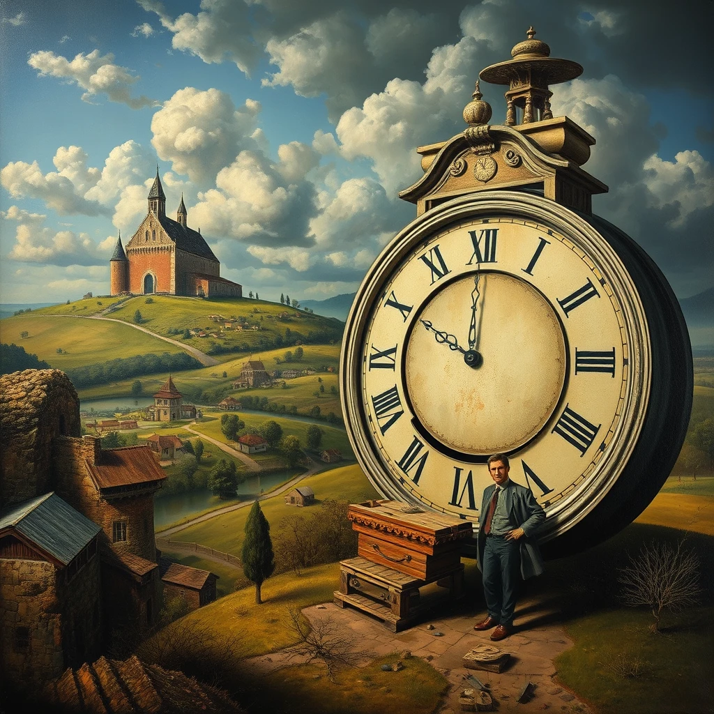 No-Time Toulouse, surrealist landscape, clock melting, man, highly detailed. oil painting, Jacek Yerka, Gediminas Pranckevicius, Salvador Dali, Erik Johansson.