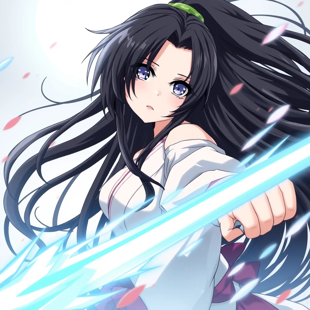 "Anime cool, aloof black-haired long-haired beauty in battle."