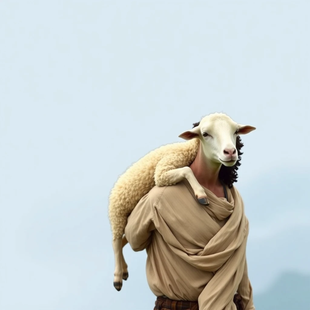 A lost and wounded sheep was carried on the shoulder of an Israelite shepherd who was glad that his lost sheep had been found. Make the sheep's legs go over the shoulder, two on each side. - Image