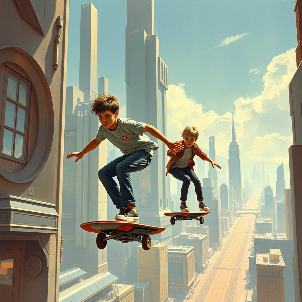 Two teen boys are riding flying wheelless skateboards through a futuristic city, a painting by Chesley Bonestell, 16:9 aspect ratio.