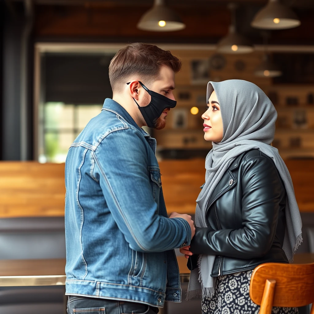 Jamie Dornan's head and body shot, handsome, black face mask, blue jeans jacket, jeans, dating with a Muslim girl in a grey hijab, beautiful eyes, black face mask, black leather jacket, largest patterned skirt, at a cafe, looking at each other, photorealistic. - Image