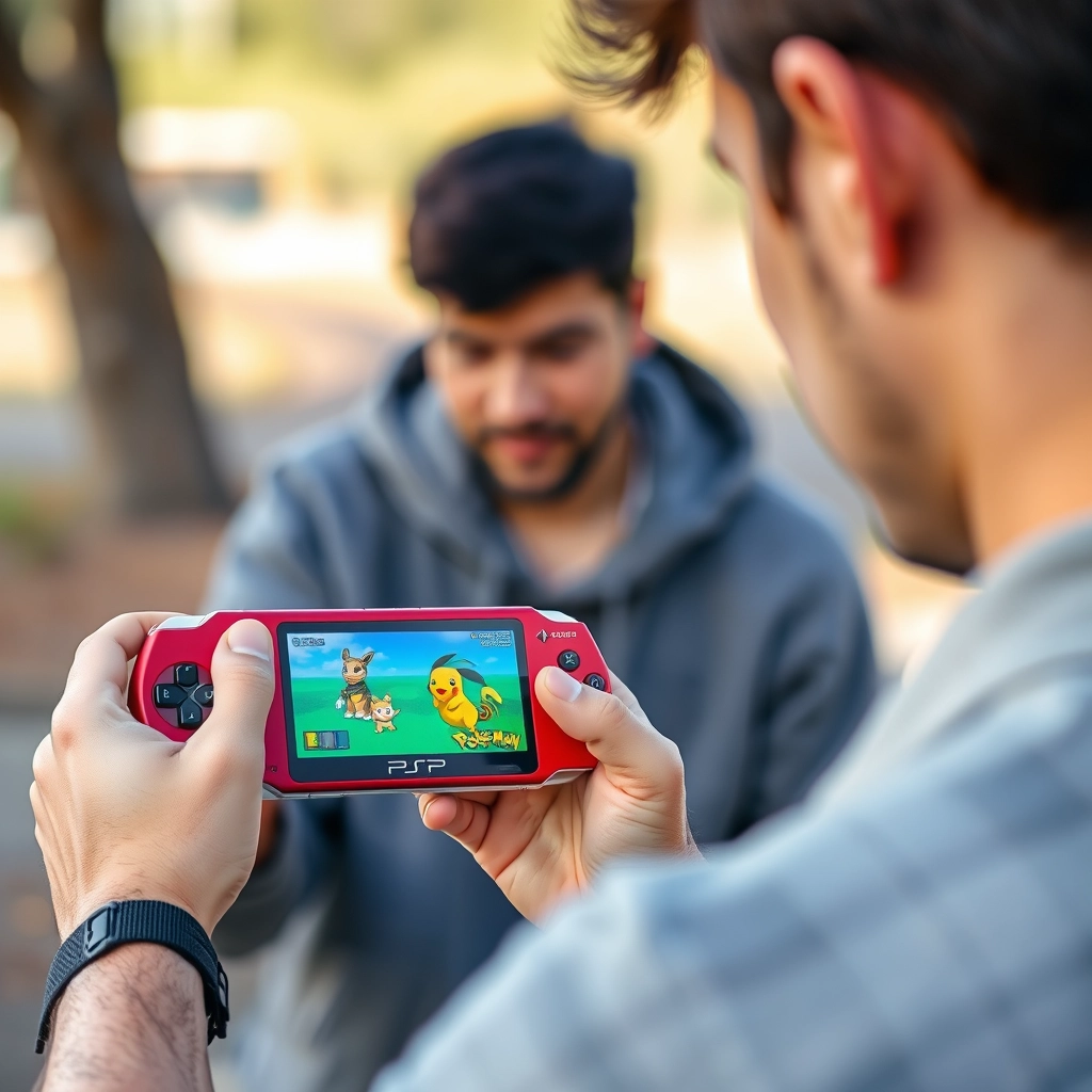 A man is playing Pokemon on a red PSP. - Image