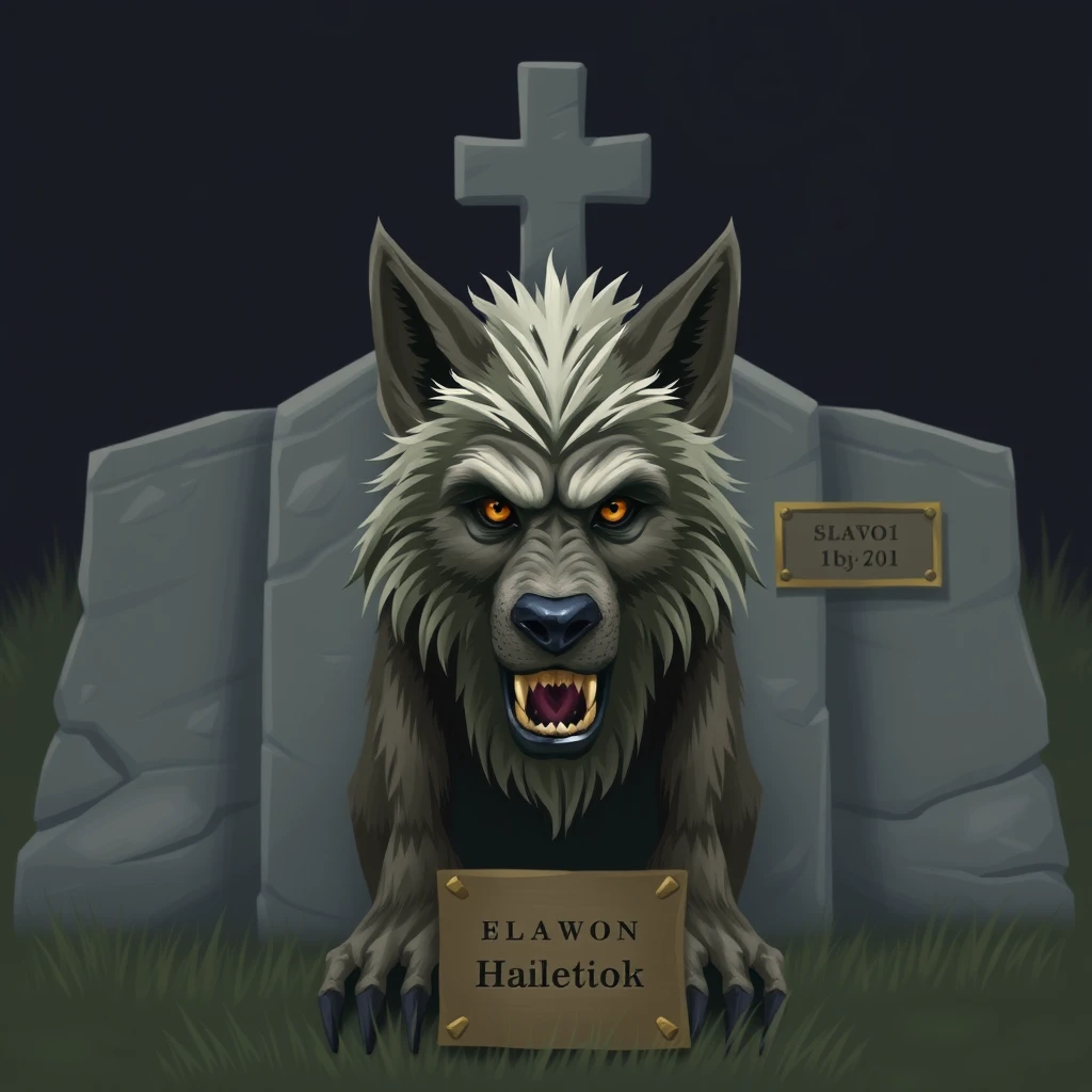 A nice werewolf in front of a grave with a cross and a brass plaque. - Image