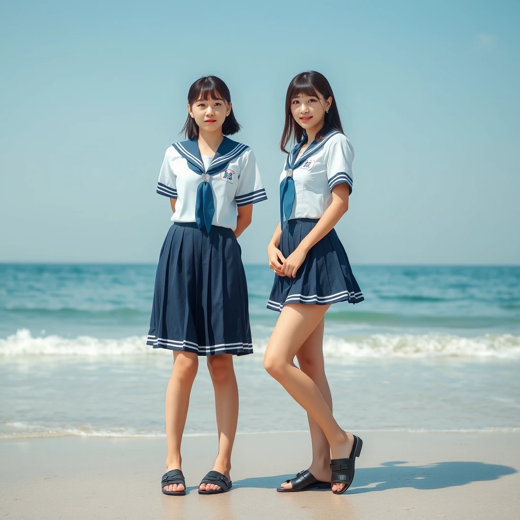 Two beautiful women in school uniforms are on the beach, with Chinese characters and Japanese. Note that the full body of the women should be visible, including their legs. One is Japanese and the other is American. - Image