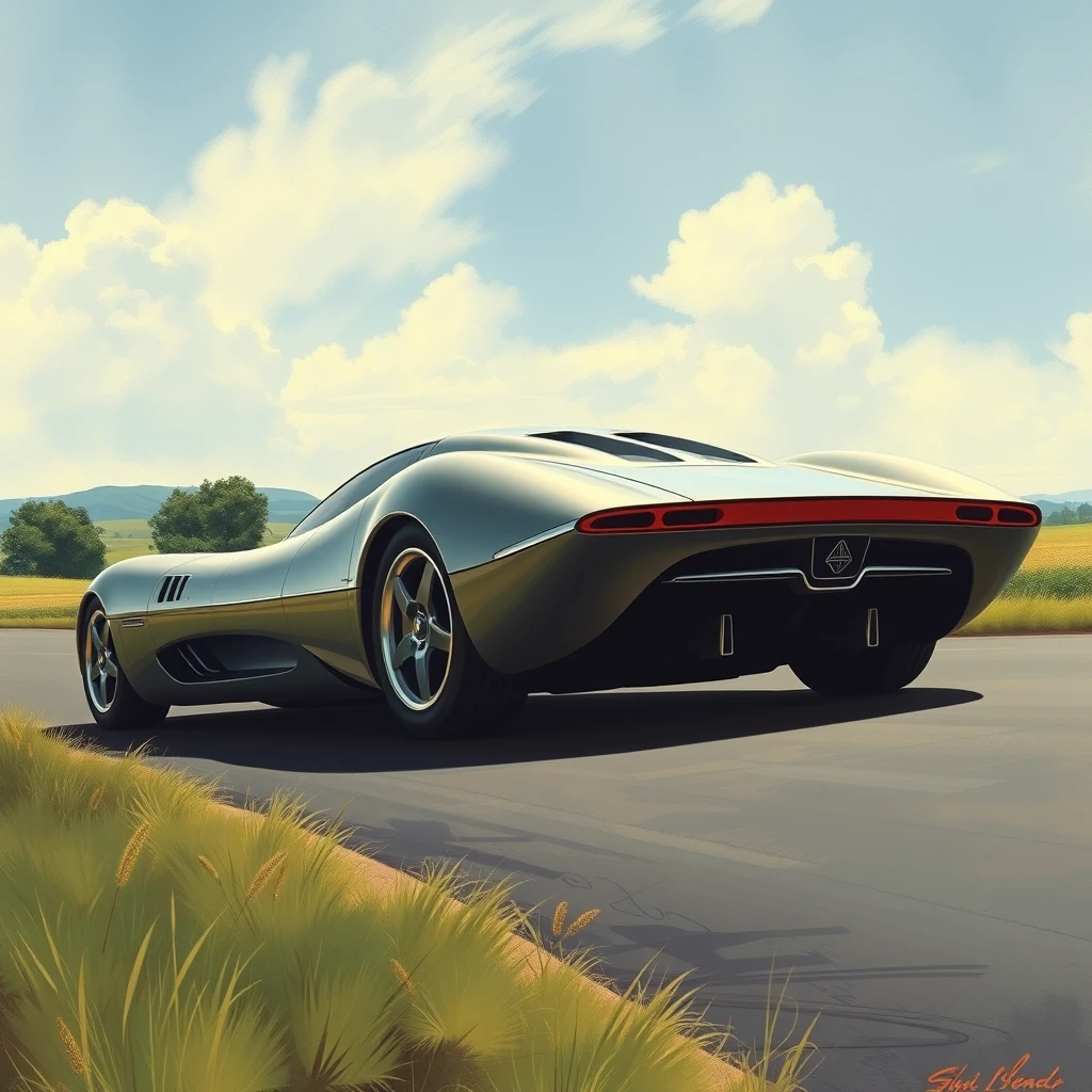 corner view, a retro-futuristic sports car concept, a painting by Syd Mead, sleek, country setting.