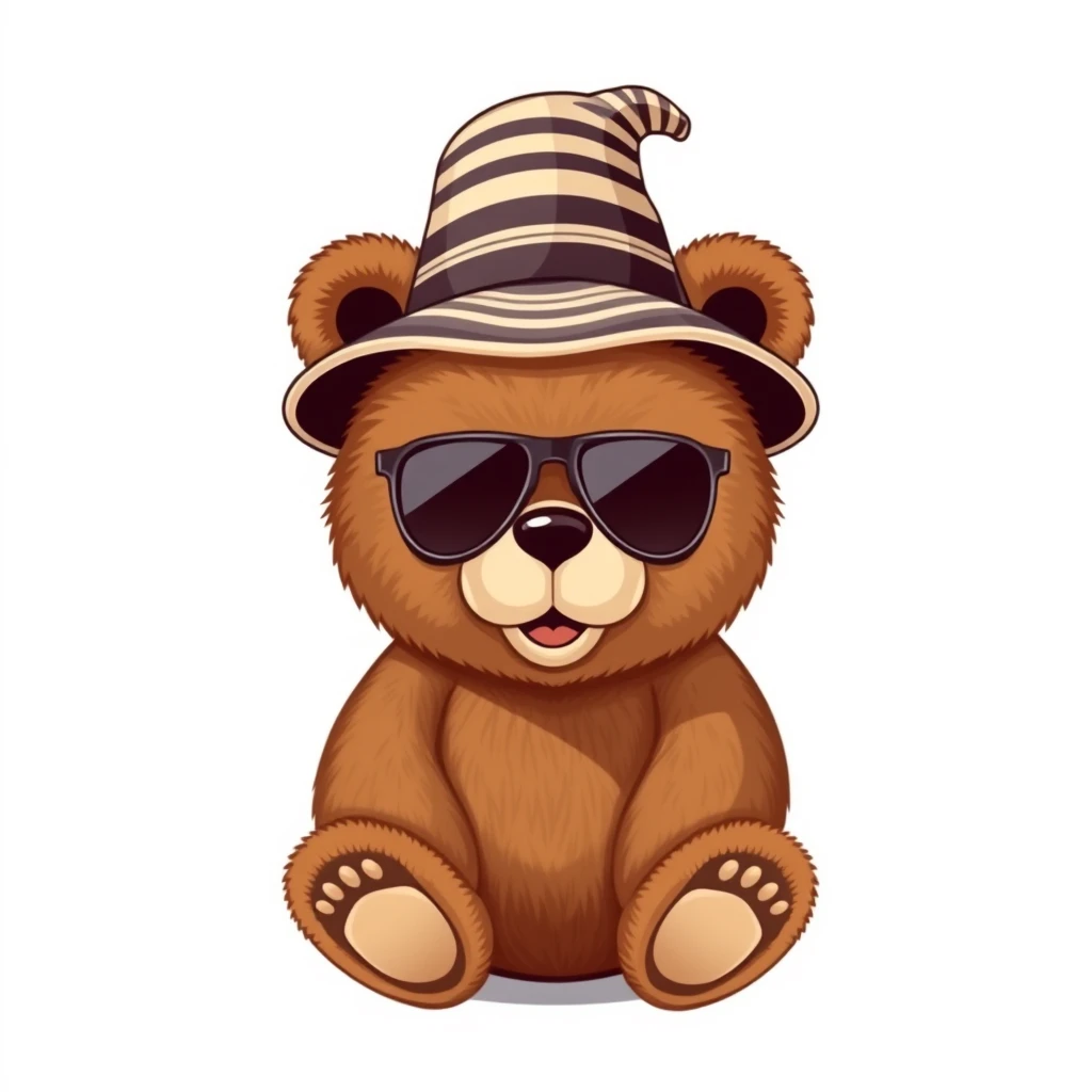 teddy bear wearing sunglass and wearing a big stripe hat, flat 2d, vector, white background, enclosed in a circle, professional tshirt design vector