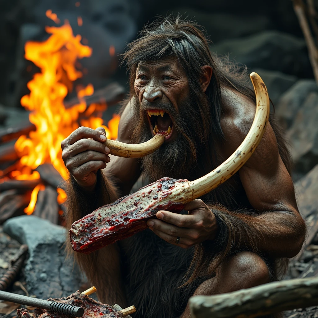 A Neanderthal eating a mammoth meat bone in front of a fire, hyper-realistic. - Image