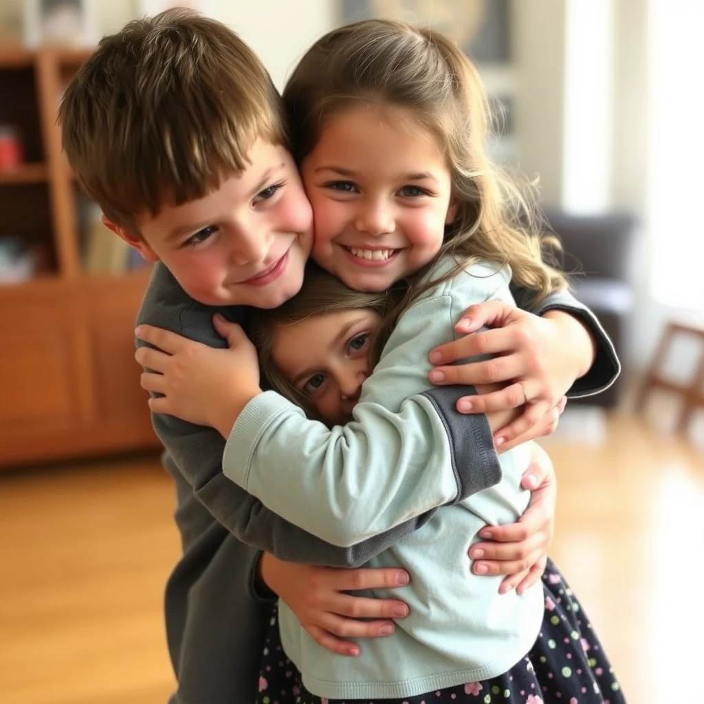 A boy is hugging his sister, now making the sister bigger.